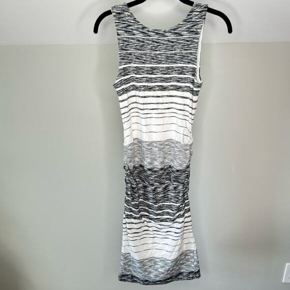 Athleta Black and White Striped Sleeveless Rouched Maxi Stretch Bodycon Dress - Picture 1 of 10